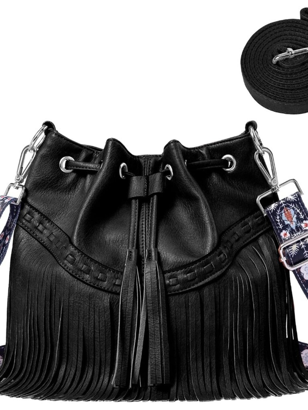 Women Bucket Fringe Hobo Bag Western Purse Vegan Leather Tassel Hippie Shoulder